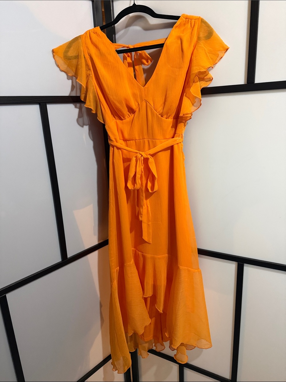 indulge Orange Flutter-Sleeve High-Low V-Neck Dress